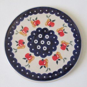 Polish Boleslawiec Trivet Round Pottery Hotplate Apples Pears Blue Border